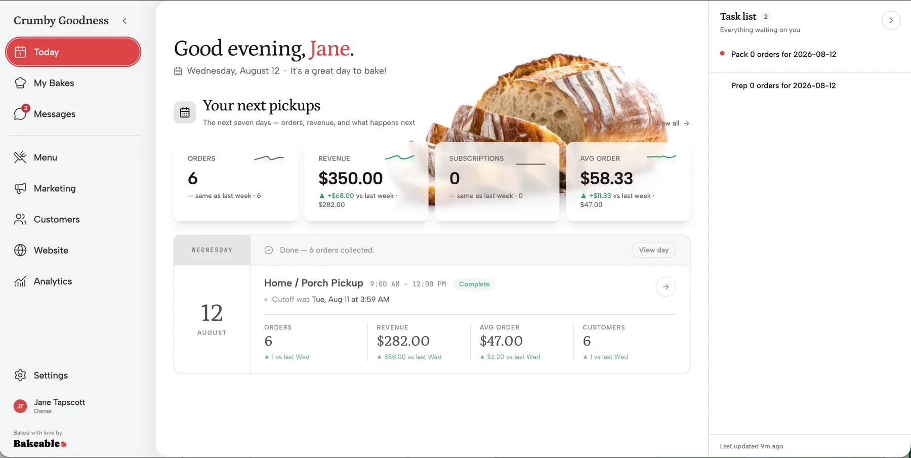 The Bakeable dashboard showing the week's pickups, revenue and task list
