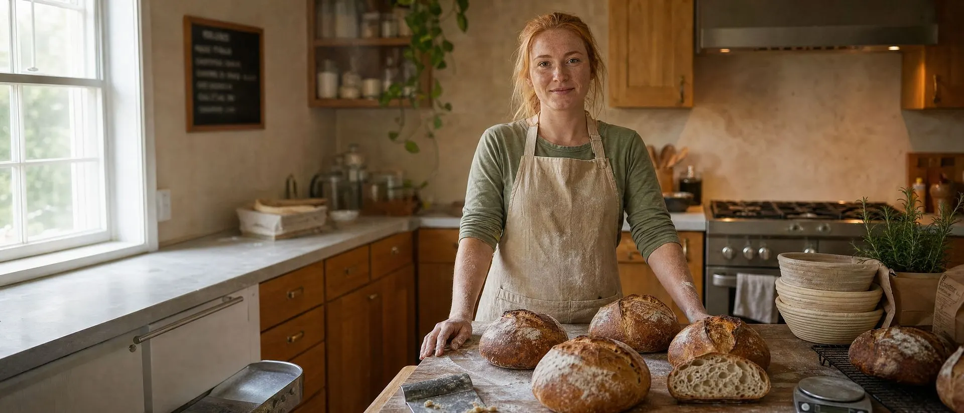 A baker standing behind a counter of freshly baked sourdough loaves in a sunlit home kitchen